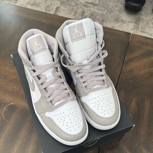 Men’s Air Jordan 1 Mid College Grey Light Bone and White Sneakers